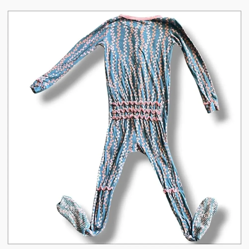 KicKee Pants Pink & Blue Vine Ruffle Footie Onesie (Size 5)